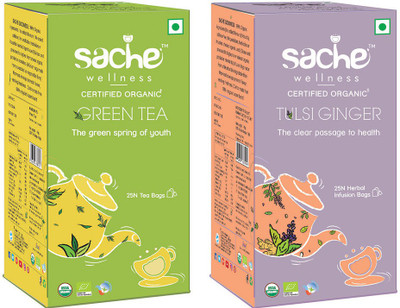 

Sache Wellness Green & Tulsi Ginger Herbal Tea Bags(25 Bags, Box)