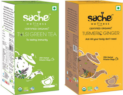 

Sache Wellness Tulsi Green Tea & Turmeric Ginger Herbal Tea Bags(25 Bags, Box)