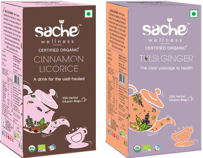 Sache Wellness Cinnamon Licorice & Tulsi Ginger Herbal Tea Bags(25 Bags, Box)
