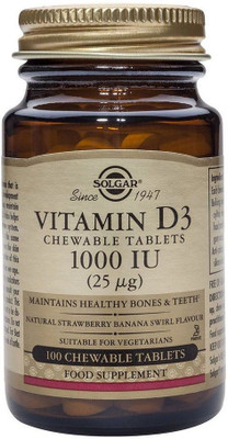 

Solgar Vitamin D3 Natural Strawberry Banana Swirl Flavor 1000 IU 100 Chewable Tablets(100 No)