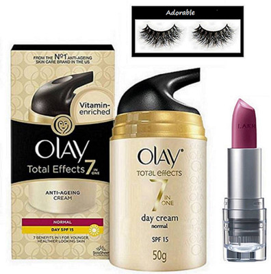 

Adorable eyelashes,Olay Imported 7-in-1 Anti Aging Day Cream Day 50 gm , Lakme inrich lipstick(Set of 3)