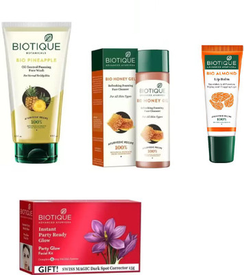

BIOTIQUE BIO Pineapple Oil Control Face Wash, Bio Honey Gel Refreshing Foaming Face Cleanser For All Skin Types, Bio Party Glow Facial Kit , LIP CARE(Set of 4)