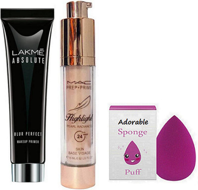 

Adorable sponge puff, lakme absolute blur perfect makeup primer& mac prem+prime highlight(Set of 3)