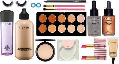 

Ultimate Silicon Puff & Mac face and body Foundation & Select Cover Up Concealer,Studio Fix compact & Pro Eye Makeup Remover,Prep+Prime Highlight & Primer Oil & Kajal,10 shades Concealer Palette,Eyelashes,Lanse & 2 Makeup Brush,9to5 Lipstick 2 shades(Set 