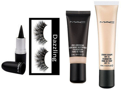 

Dazzling Eyelashes, Mac Pro Longwear Nourishing Waterproof Foundation, Studio Sculpt spf 15 Foundation, Stick Kajal(Set of 4)