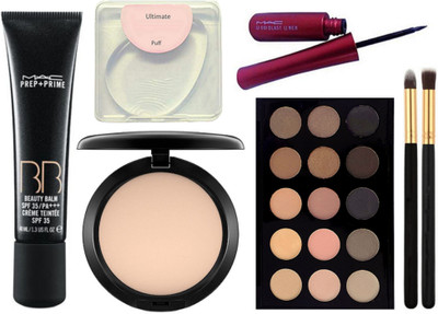 

Ultimate silicon puff, Mac prep+prime BB cream, 15 shade eyeshadow palette, compact, liquid last eyeliner with makeup brush 2(Set of 7)