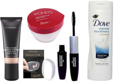

Ultimate Silicon Puff & Mac Pro Longwear nourishing waterproof Foundation & Colorbar Eyeliner With Mascara,Pond's Age Miracle Day Cream,Dove Body Lotion(Set of 5)