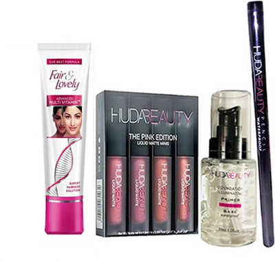 Fair & Lovely Multi Vitamin (15 g), Primer 30 ml, Waterproof Eyeliner, 4 Mini Lipstick Of Huda(Set of 1)