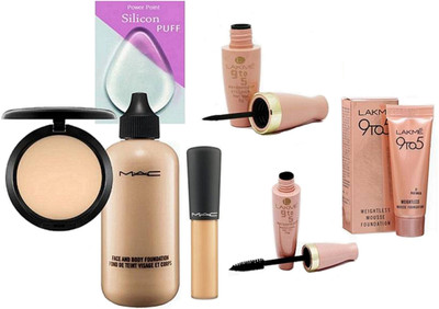 

POWER POINT Silicone Puff & Mac Compact , Face & Body Foundation , mineralize Concealer and Lakme 9 to 5 Eyeliner , Mascara and Mousse Weightless Foundation(Set of 7)