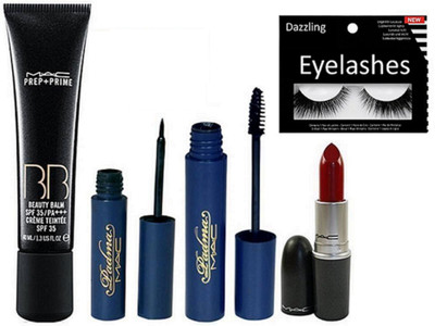 Dazzling Eyelashes & Mac Prep+prime BB Foundation, Eyeliner & Mascara, Lipstick (Set of 5)(Set of 5)