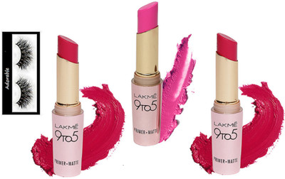 

Adorable eyelashes, lakme 9 to 5 primer matte lipstick pack of 3(Set of 4)