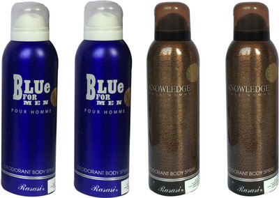 

Rasasi Blue for Men Pour Homme & Knowledge Pour Homme (Pack of 4) Body Spray - For Men(800 ml, Pack of 4)