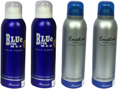 

Rasasi Blue for Men Pour Homme & Emotion Pour Homme (Pack of 4) Body Spray - For Men(800 ml, Pack of 4)