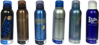 

Rasasi Knowledge Pour Homme & Royale Blue Pour Homme & Emotion Pour Homme & Romance Forvever & Blue For Men Pour Homme & Blue for men 2 (Pack of 6) Body Spray - For Men(1200 ml, Pack of 6)
