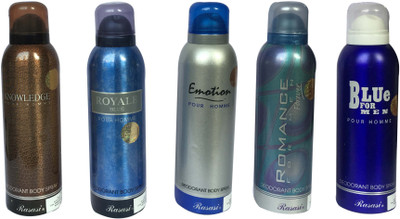

Rasasi Knowledge Pour Homme & Royale Blue Pour Homme & Emotion Pour Homme & Romance Forvever & Blue For Men Pour Homme (Pack of 5) Body Spray - For Men(1000 ml, Pack of 5)
