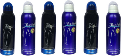 

Rasasi Blue Lady & Blue Lady Black 2 (Pack of 6) Body Spray - For Women(1200 ml, Pack of 6)