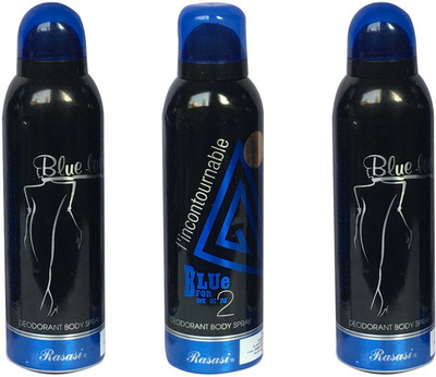 

Rasasi Blue Lady Black 2 (2) & Blue for Man 1 (Pack of 3) Body Spray - For Men & Women(600 ml, Pack of 3)