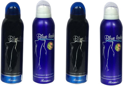 

Rasasi Blue Lady & Blue Lady Black 2 (Pack of 4) Body Spray - For Women(800 ml, Pack of 4)