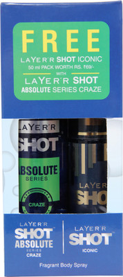 

LAYER SHOT ICONIC 50 ml FREE with Absolute Series CRAZE Deodorant Spray - For Men (135 ml) Body Spray - For Men(185 ml, Pack of 2)