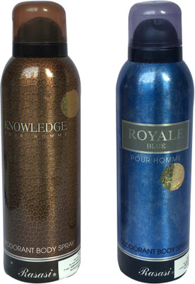 

Rasasi Knowledge Pour Homme & Royale Blue Pour Homme (Pack of 2) Body Spray - For Men(400 ml, Pack of 2)