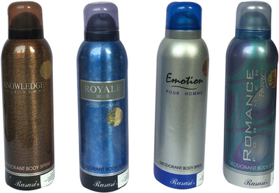 

Rasasi Knowledge Pour Homme & Royale Blue Pour Homme & Emotion Pour Homme & Romance Forvever (Pack of 4) Body Spray - For Men(800 ml, Pack of 4)