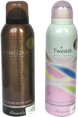 

Rasasi Knowledge Pour Homme & Twinkle Pour Femme (Pack of 2) Body Spray - For Men & Women(400 ml, Pack of 2)