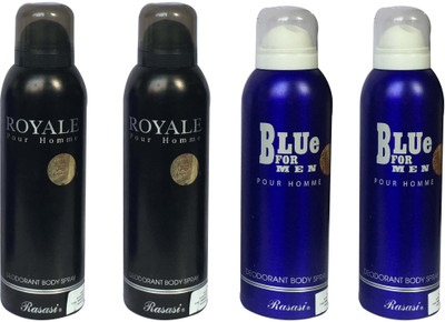 

Rasasi Blue for Men Pour Homme & Royale Black Pour Homme (Pack of 4) Body Spray - For Men(800 ml, Pack of 4)