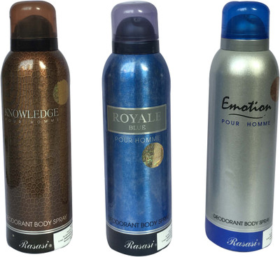

Rasasi Knowledge Pour Homme & Royale Blue Pour Homme & Emotion Pour Homme (Pack of 3) Body Spray - For Men(600 ml, Pack of 3)