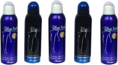 

Rasasi Blue Lady (3) & Blue Lady Black 2 (Pack of 5) Body Spray - For Women(1000 ml, Pack of 5)