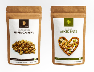 

Nutsy Box Gourmet Snacks Pack, Pepper Cashews and Panchtantra Mixed Nuts Combo (150gm Each), 300gm Assorted Nuts(300 g, Pouch)