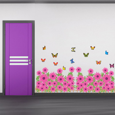 new way decals 10 cm elegnant pink flowers with colourful butterflies scenario Removable Sticker(Pack of 1)