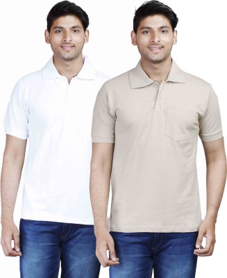 Fleximaa Solid Men Polo Neck White, Beige T-Shirt