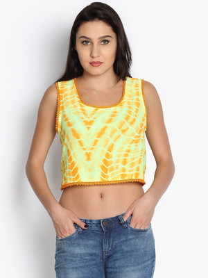 folklore Casual No Sleeve Printed Women Yellow Top