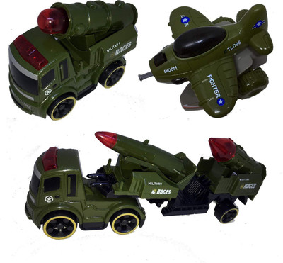 

Montez Pretend Play Battlefield Military Forces - Battlefield Missile Launcher ,Missile Airplane Rocket Launcher & Push Cars Pack of 3 Friction Cars(Multicolor)