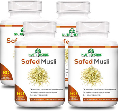 

Nutriherbs Safed Musli 800 Mg 60 Capsules 100% Natural & Organic(4 No)