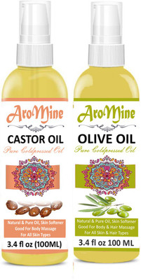 

Aromine 100% Pure Extra Light Olive Oil and Cold Pressed Castor Oil - Combo of 2 No.100 ml Bottles(200 ml) Hair Oil (200 ml) Hair Oil (200 ml)(200 ml)