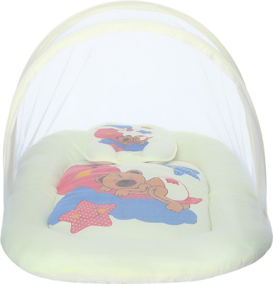 

Superminis Sleeping Teddy In The Stars Print Bedding Set With Thick Base, Foldable Mattress, Pillow and Elastic Closure Mosquito Net Standard Crib(Fabric, Yellow)