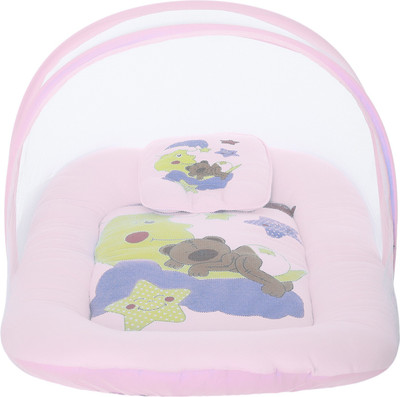 

Superminis Sleeping Teddy In The Stars Print Bedding Set With Thick Base, Foldable Mattress, Pillow and Elastic Closure Mosquito Net Standard Crib(Fabric, Pink)
