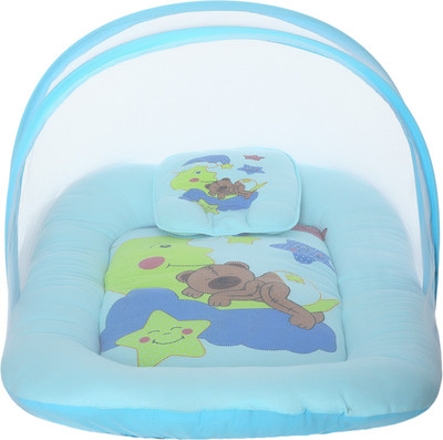 

Superminis Sleeping Teddy In The Stars Print Bedding Set With Thick Base, Foldable Mattress, Pillow and Elastic Closure Mosquito Net Standard Crib(Fabric, Light Blue)