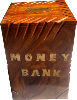 

Tayyaba Enterprises wooden money bank in box shape with carving Coin Bank(Brown)