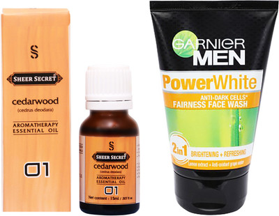 

SHEER SECRET CEDARWOOD ESSENTIAL OIL 15 ML and GARNIER MEN'S POWER WHITE FACE WASH 100 ML(Set of 2)