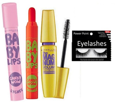 

POWER POINT Eyelashes With Candy Wow Orange & Lychee Lip balm & Maybellien Magmum Mascara(Set of 4)