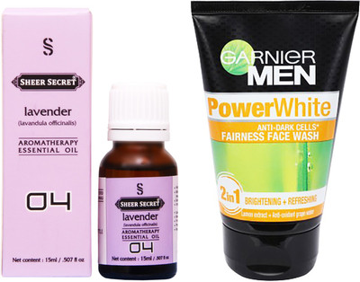 

SHEER SECRET LAVENDER ESSENTIAL OIL 15 ML and GARNIER MEN'S POWER WHITE FACE WASH 100 ML(Set of 2)