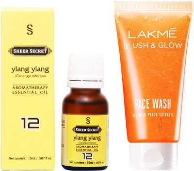 

SHEER SECRET YLANG YLANG ESSENTIAL OIL 15 ML and LAKME BLUSH & GLOW PEACH GEL FACE WASH 100 ML(Set of 2)