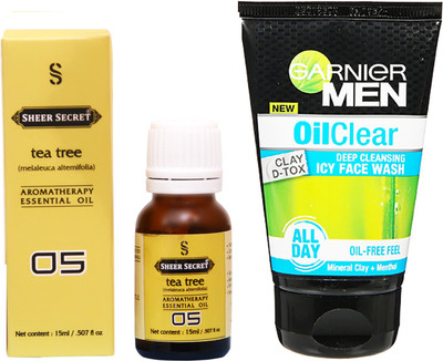 

SHEER SECRET TEA TREE ESSENTIAL OIL 15 ML and GARNIER MEN'S OIL CLEAR FACE WASH 100 ML(Set of 2)
