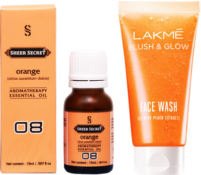 

SHEER SECRET ORANGE ESSENTIAL OIL 15 ML and LAKME BLUSH & GLOW PEACH GEL FACE WASH 100 ML(Set of 2)