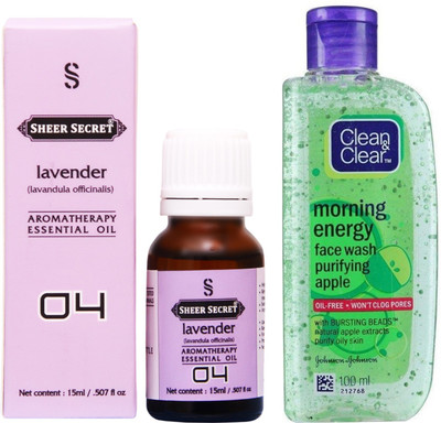 

SHEER SECRET LAVENDER ESSENTIAL OIL 15 ML and CLEAN & CLEAR MORNING ENERGY APPLE FACE WASH 100 ML(Set of 2)