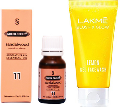 

SHEER SECRET SANDALWOOD ESSENTIAL OIL 15 ML and LAKME BLUSH & GLOW LEMON GEL FACE WASH 100 ML(Set of 2)