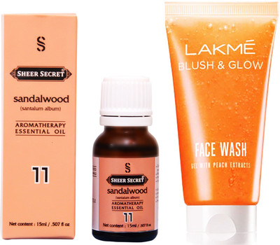 

SHEER SECRET SANDALWOOD ESSENTIAL OIL 15 ML and LAKME BLUSH & GLOW PEACH GEL FACE WASH 100 ML(Set of 2)