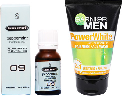 

SHEER SECRET PEPPERMINT ESSENTIAL OIL 15 ML and GARNIER MEN'S POWER WHITE FACE WASH 100 ML(Set of 2)
